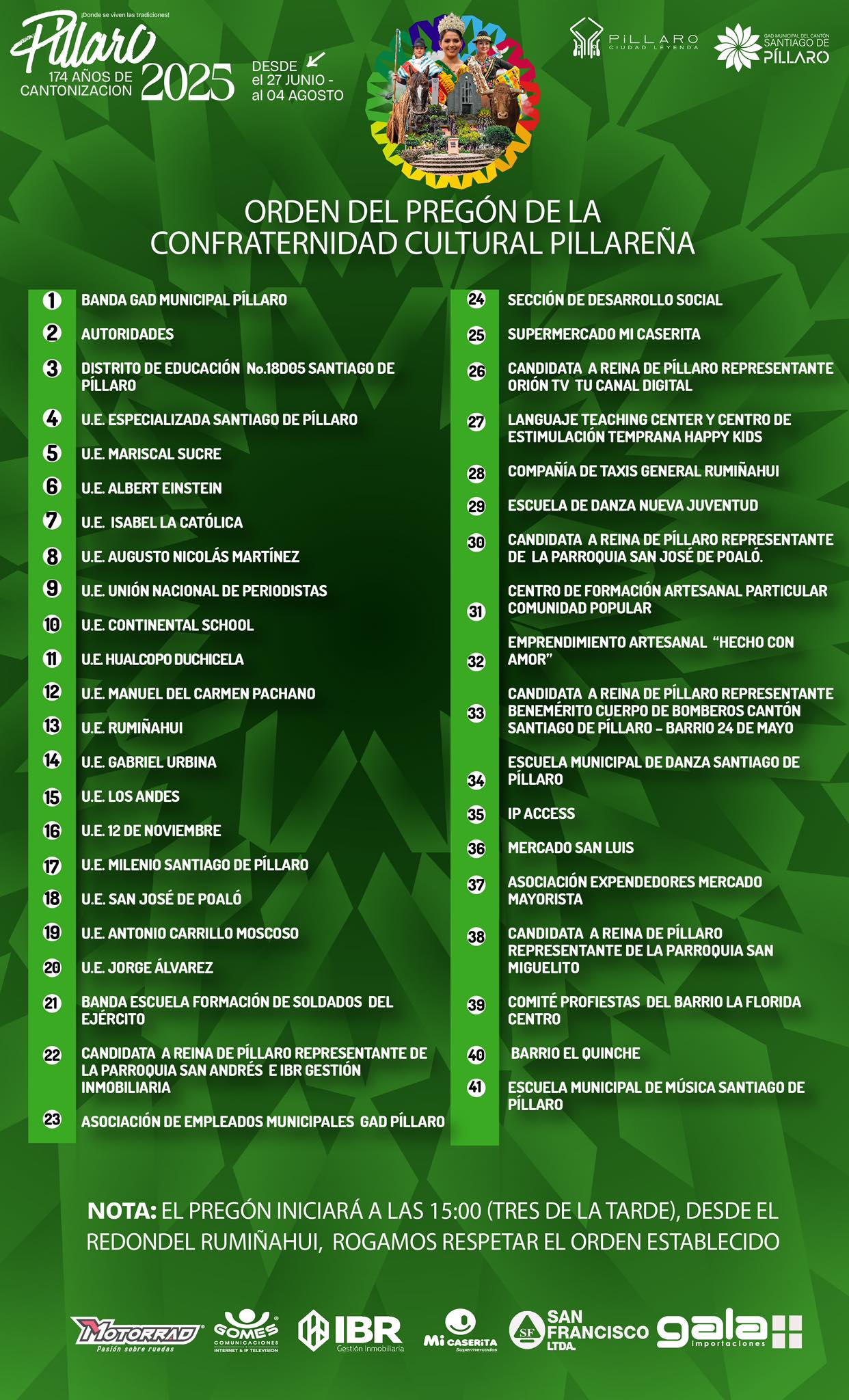 ¡Orden del Pregón de los 174 años de cantonización de Píllaro!
